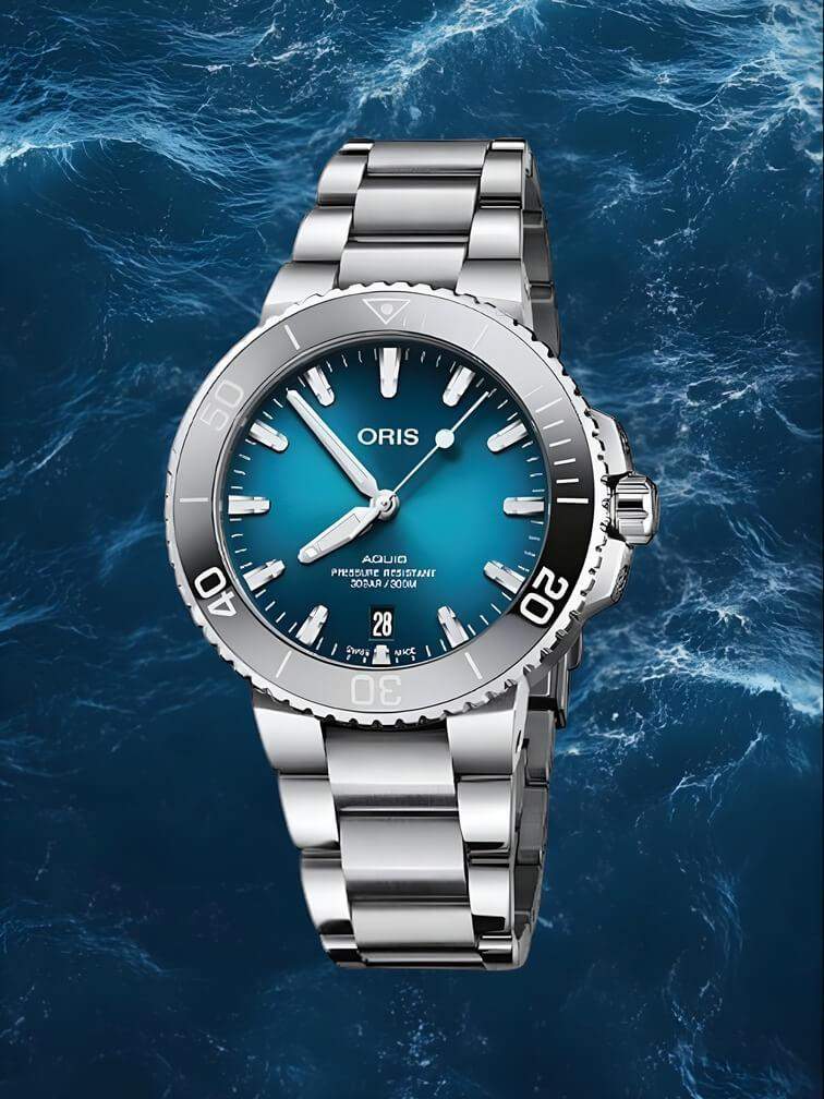 นาฬิกาสีเงินทั้งหมดพร้อมหน้าปัดสีน้ำเงินเข้ม ดีไซน์เรียบหรู