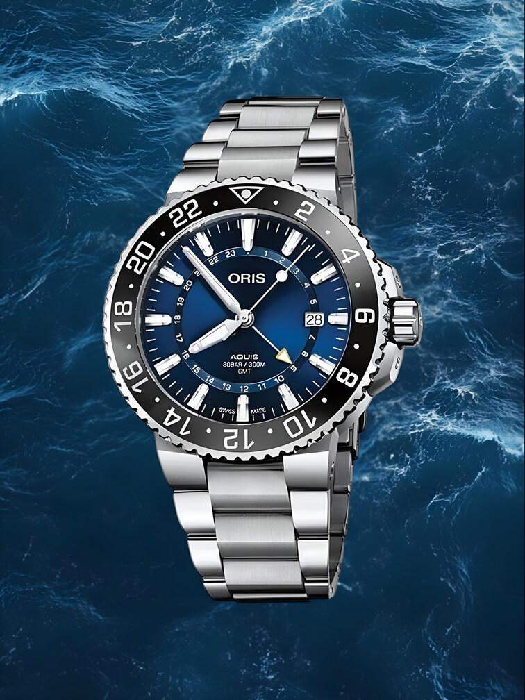 นาฬิกาสีเงินทั้งหมดพร้อมขอบเบซิลสีดำและหน้าปัดสีน้ำเงินเข้ม ดีไซน์ทันสมัยและสปอร์ต