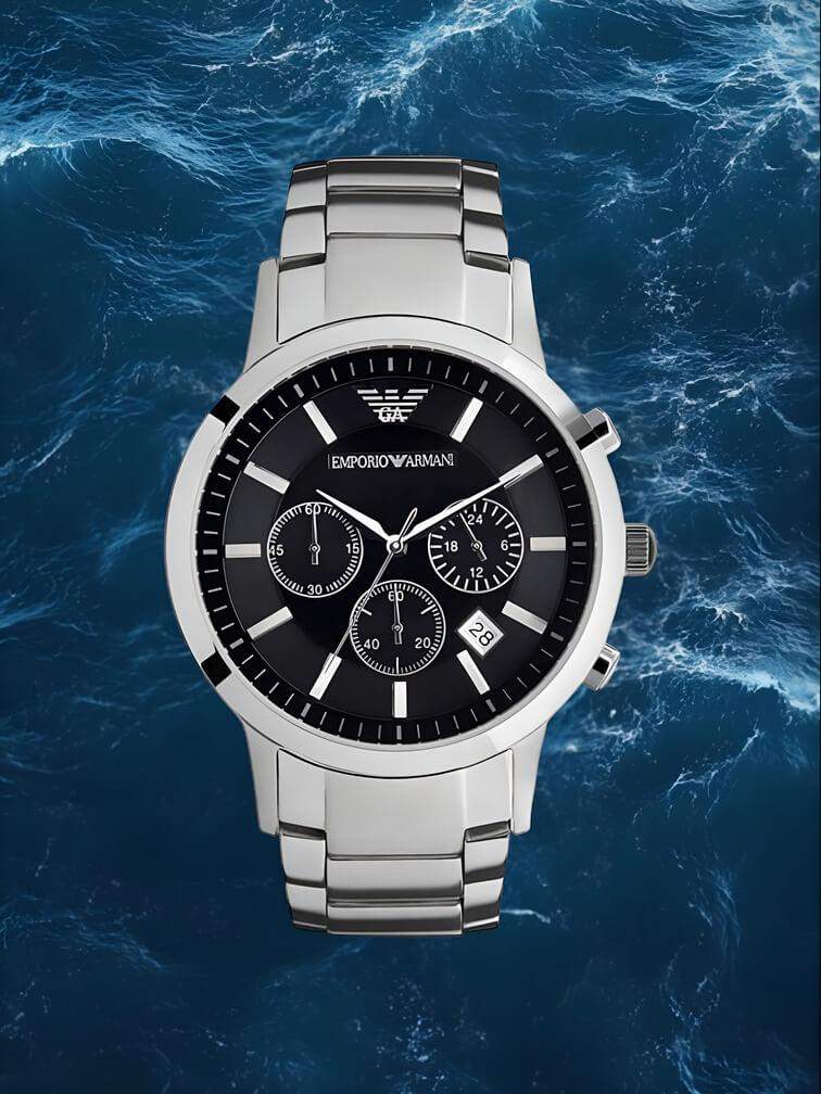 นาฬิกาสแตนเลสสีเงินสุดหรู หน้าปัดสีดำ พร้อมโครโนกราฟ ดีไซน์เหนือระดับสำหรับผู้ชายสไตล์คลาสสิก