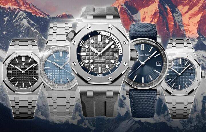 รุ่นนาฬิกาหรู 5 เรือนที่มีดีไซน์ วัสดุ และสีที่แตกต่างกัน แต่ทั้งหมดทำจากสแตนเลสสตีลและมีหน้าปัดสีดำและเทาเข้ม