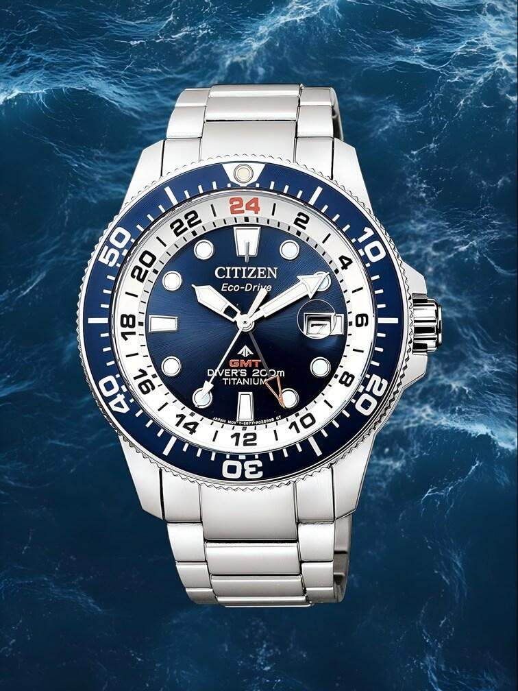 นาฬิกาทรงคลาสสิก สีเงินทั้งหมด หน้าปัดสีน้ำเงินกลางและขาวรอบขอบ