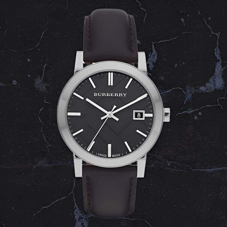 นาฬิกาข้อมือหน้าปัดสีดำ ตัวเรือนเงินสุดหรูพร้อมสายหนังสีดำพรีเมียม