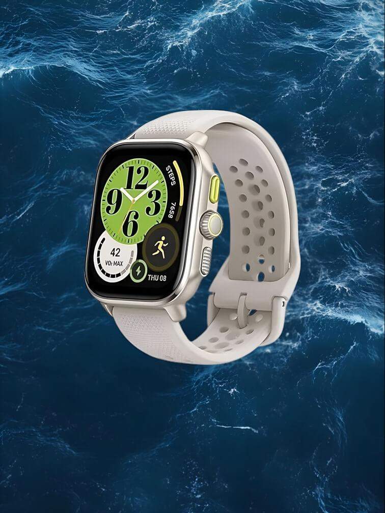 สมาร์ทวอทช์ดีไซน์สี่เหลี่ยมสีเทาพร้อมไอคอนเมนูหลัก