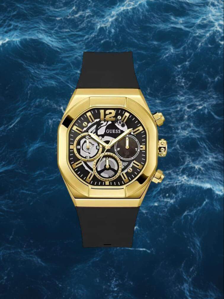 นาฬิกา CLUTCH สีดำทั้งหมด ตัวเรือนทอง เข็มทอง และฟังก์ชั่นโครโนกราฟ