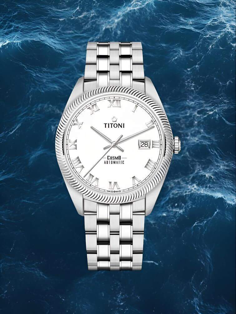 นาฬิกาทั้งหมดสีเงินกับหน้าปัดสีขาว ดีไซน์เรียบหรู เหมาะสำหรับทุกโอกาส