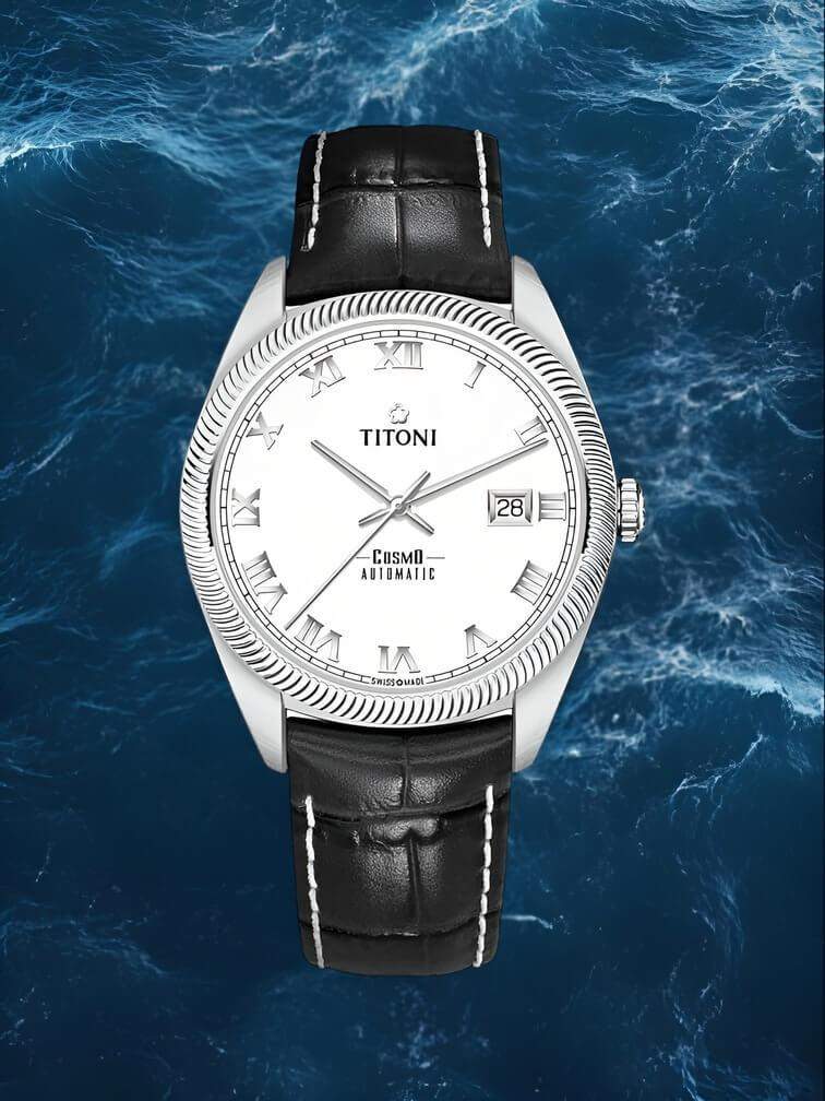 นาฬิกาโลหะสีเงินที่มีหน้าปัดสีขาวและสายหนังสีน้ำตาล ให้ความรู้สึกหรูหราและคลาสสิค เหมาะสำหรับการใช้งานในทุกวัน