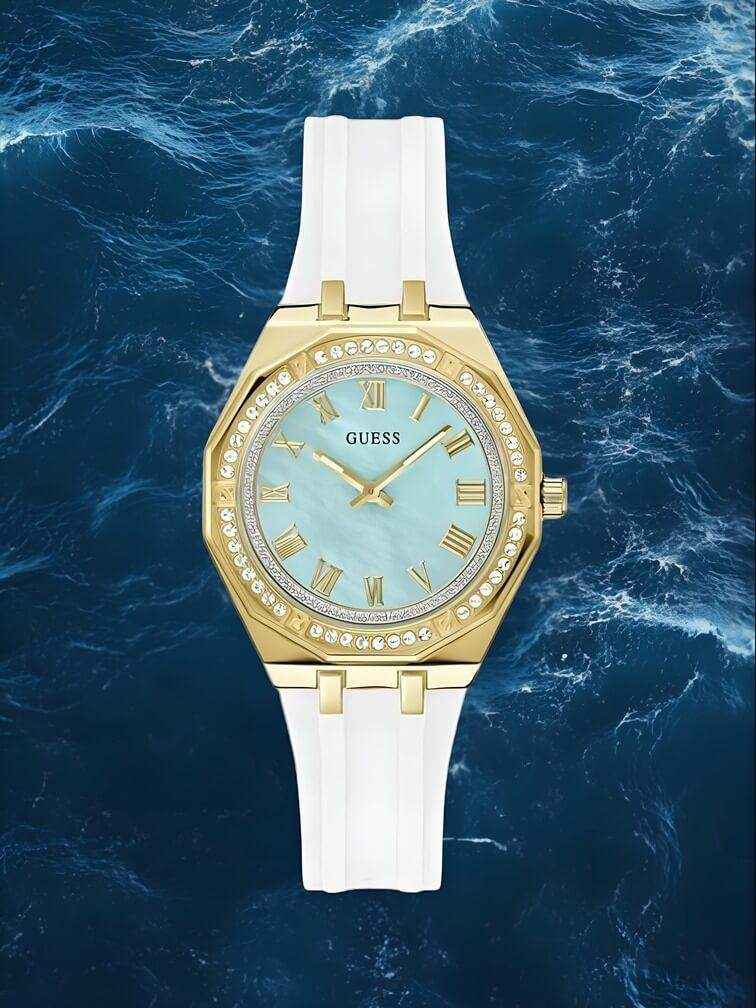 รุ่นสีขาว สไตล์หรูหรา ผสมผสานความสปอร์ต ขอบตัวเรือนประดับคริสตัล หน้าปัดเปลือกหอยมุก สายนาฬิกาซิลิโคน