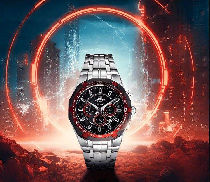 Edifice ในทิวทัศน์เมืองที่เต็มไปด้วยพลังไฟฟ้าและฟ้าผ่า