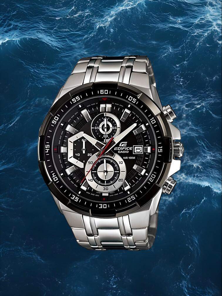 รุ่นคลาสสิกของ Edifice ที่ทำจากสแตนเลสสตีลสีเงิน หน้าปัดสีดำกับเข็มสีเงิน 3 ตัวและแสดงวันที่