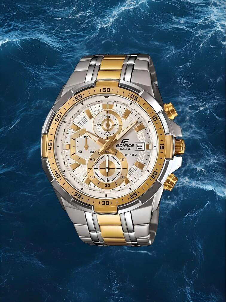 รุ่นสแตนเลสสตีลสีทองและเงิน พร้อมหน้าปัดสีขาว เข็มทอง 3 ตัวและแสดงวันที่