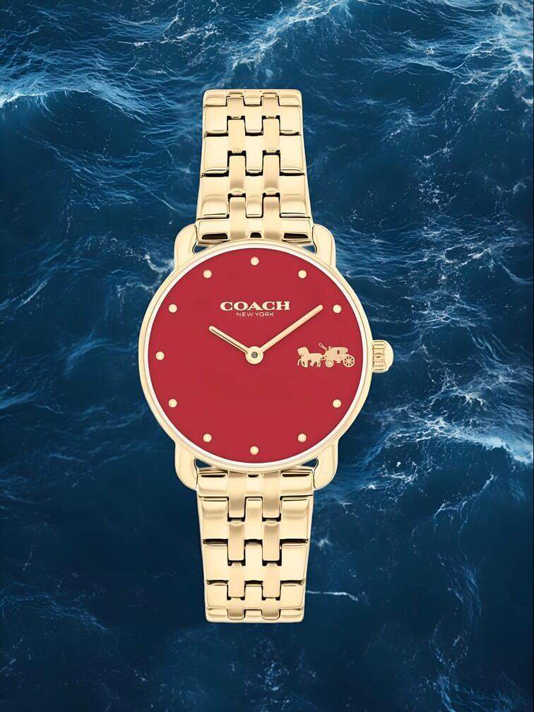 นาฬิกาสีทองล้วน หน้าปัดสีแดงเข้ม ดีไซน์หรูหราและโดดเด่น