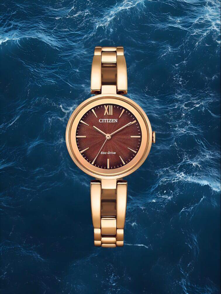 นาฬิกาสเตนเลสโทนทองทั้งหมดพร้อมหน้าปัดสีน้ำตาลเข้ม