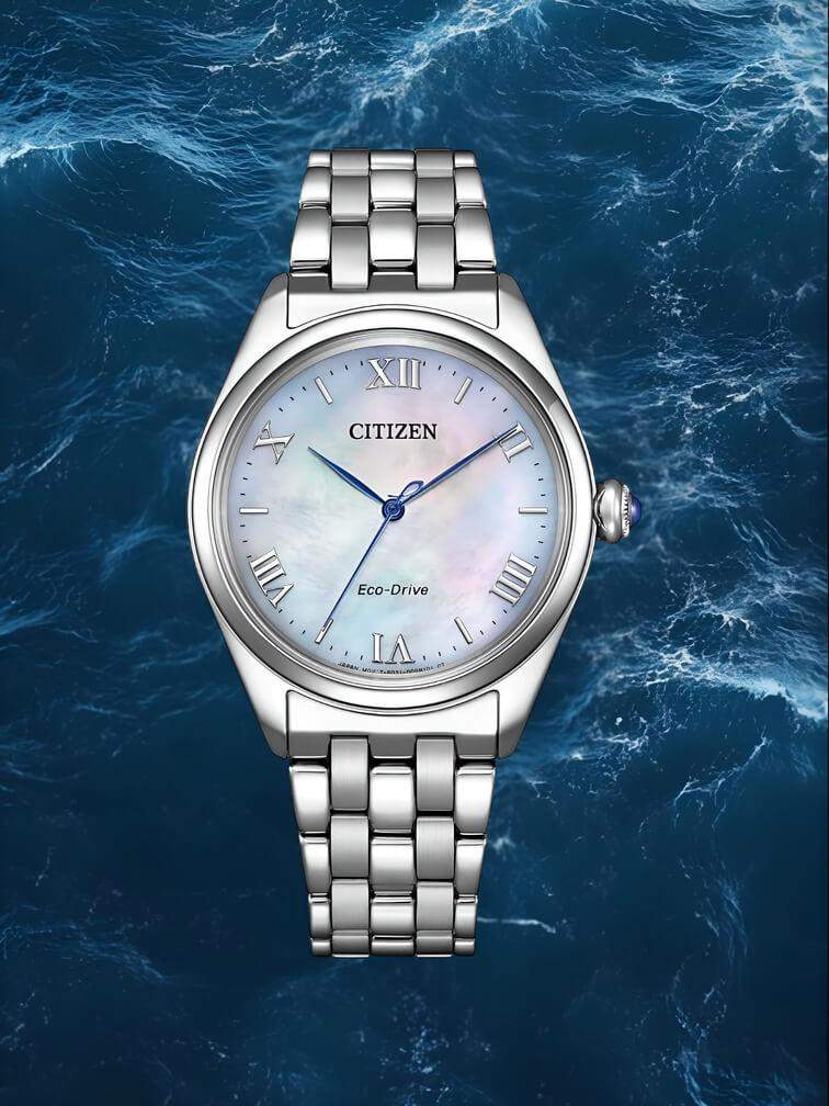 นาฬิกาสเตนเลสสีเงินพร้อมหน้าปัดมุกสวยงาม