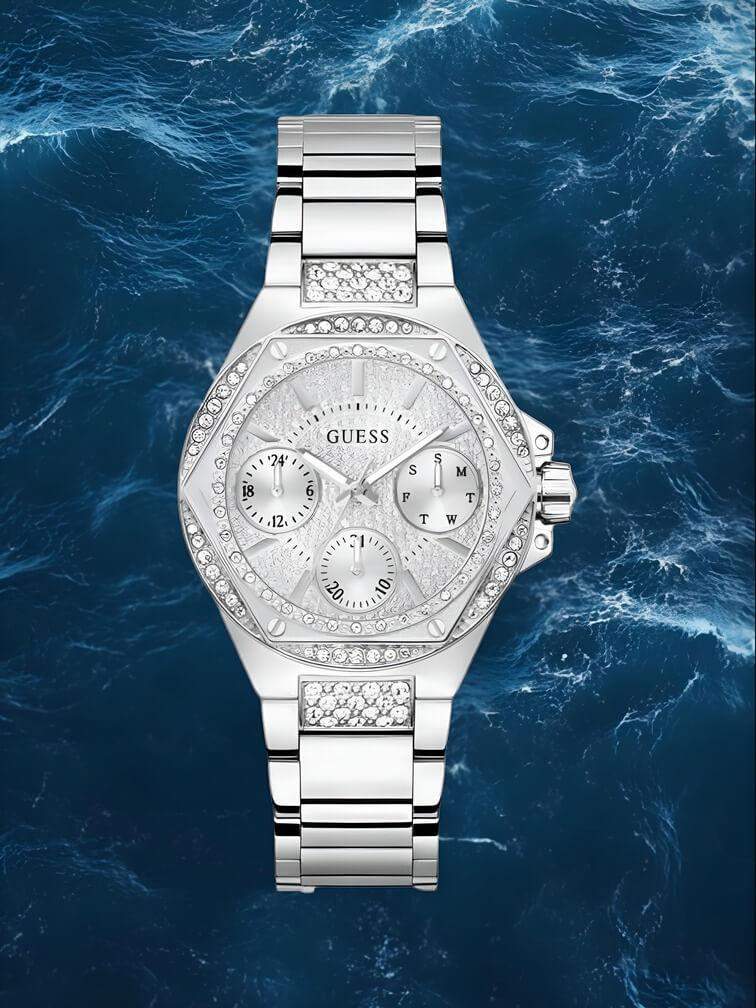 รุ่นสีเงิน ดีไซน์หรูหรา ตัวเรือนและสายสแตนเลสสตีล ขอบตัวเรือนประดับคริสตัล หน้าปัดมัลติฟังก์ชัน กันน้ำลึก