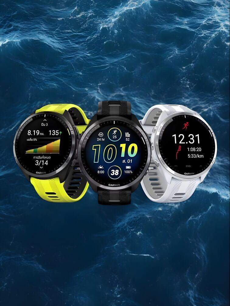 3 รุ่นใหม่ล่าสุด ในสีเขียว สีเทา และสีดำ พร้อมสายซิลิโคน แสดงฟังก์ชันติดตามสุขภาพที่ทันสมัย