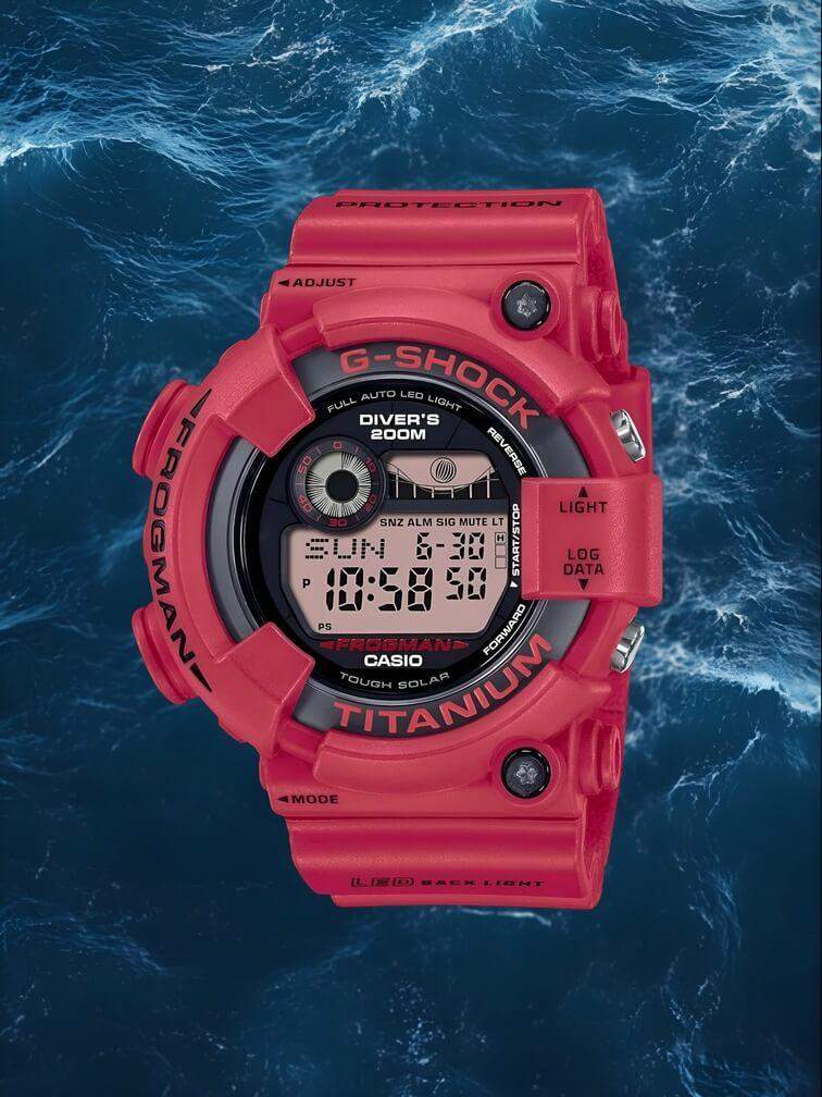 นาฬิกาดำน้ำสีแดงสไตล์ลุยพร้อมหน้าปัดสีดำ ทนทานและเหมาะสำหรับการดำน้ำ