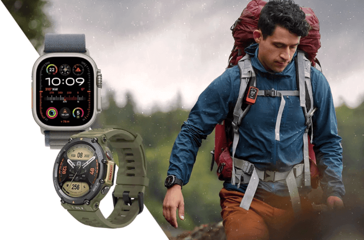 ชายกำลังเดินป่าในป่า สวมนาฬิกาสำหรับกิจกรรมกลางแจ้ง