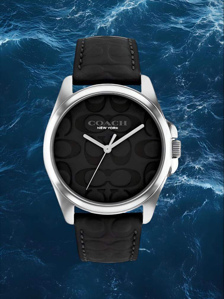 นาฬิกาสีดำล้วน ตัวเรือนสีเงิน สายหนัง ดีไซน์คลาสสิกและหรูหรา