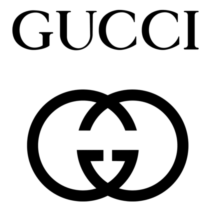โลโก้ Gucci บนพื้นหลังสีขาว แสดงถึงการออกแบบ G เชื่อมโยงที่เป็นเอกลักษณ์ของแบรนด์แฟชั่นหรู