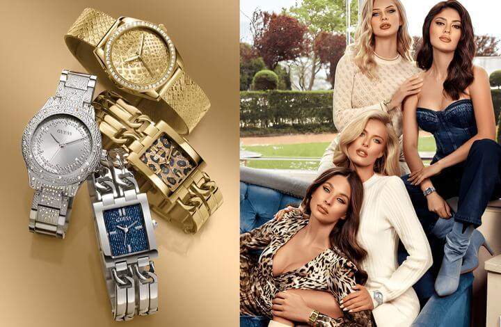 4 รุ่นของ Guess พร้อมผู้หญิงสวยๆ ใส่ทางด้านขวาของภาพ