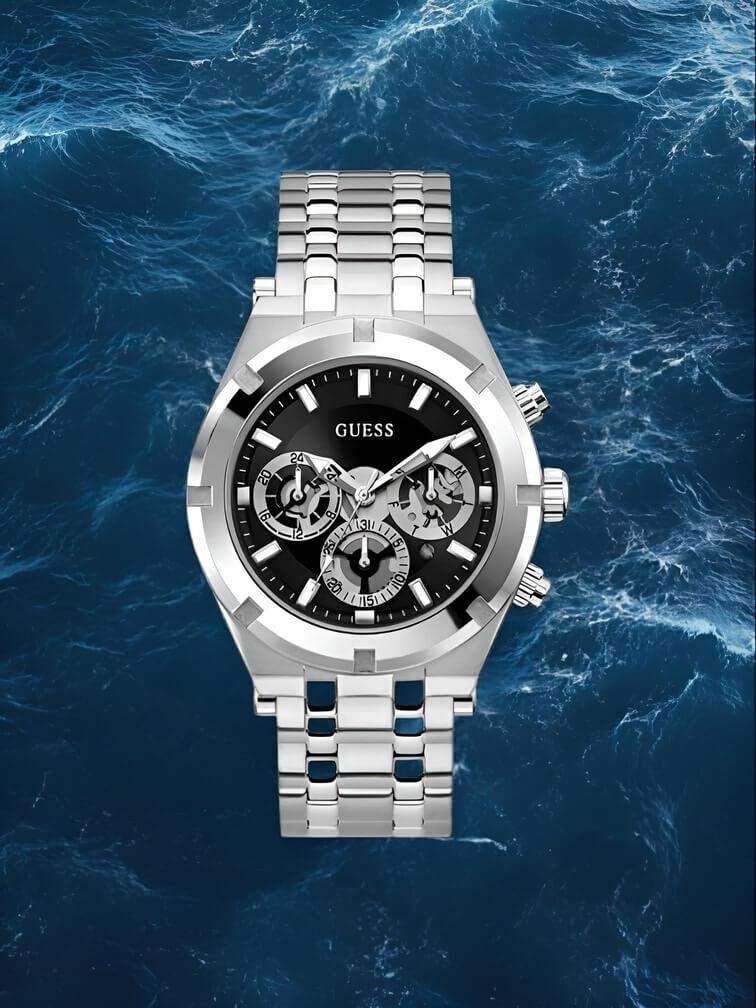 นาฬิกา GW0260G1 สีเงินทั้งหมด หน้าปัดดำ และฟังก์ชั่นโครโนกราฟ