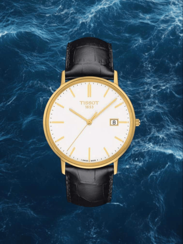 รุ่นหรูผู้ชาย สายสีดำ ตัวเรือนสีทอง หน้าปัดสีขาว