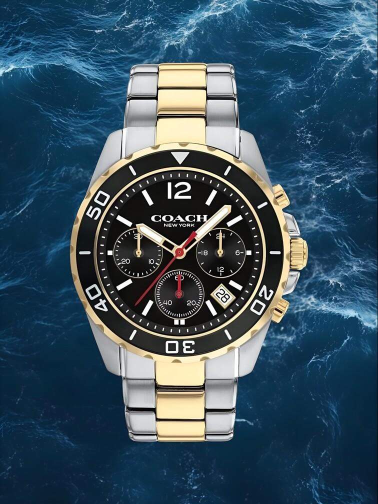 นาฬิกาสีทอง-เงิน หน้าปัดสีดำพร้อมโครโนกราฟ 3 วง หรูหราและทรงพลัง