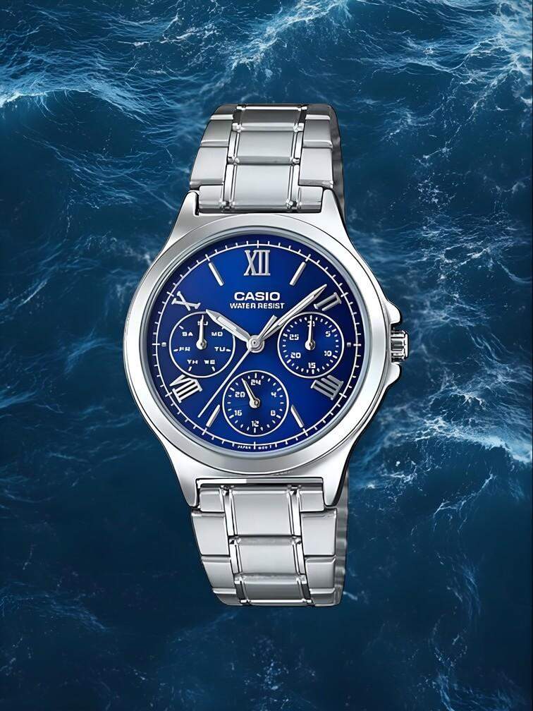 นาฬิกาสีเงินพร้อมหน้าปัดสีน้ำเงินและโครโนกราฟ – การผสมผสานที่ลงตัวระหว่างความแม่นยำ สไตล์ และฟังก์ชันการใช้งานสำหรับผู้ที่ชื่นชอบสมัยใหม่