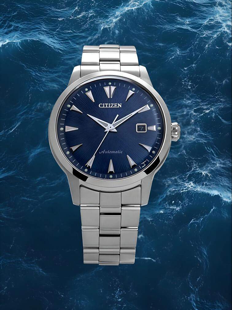 นาฬิกาทรงคลาสสิก สีเงินทั้งหมด หน้าปัดสีน้ำเงินเข้ม