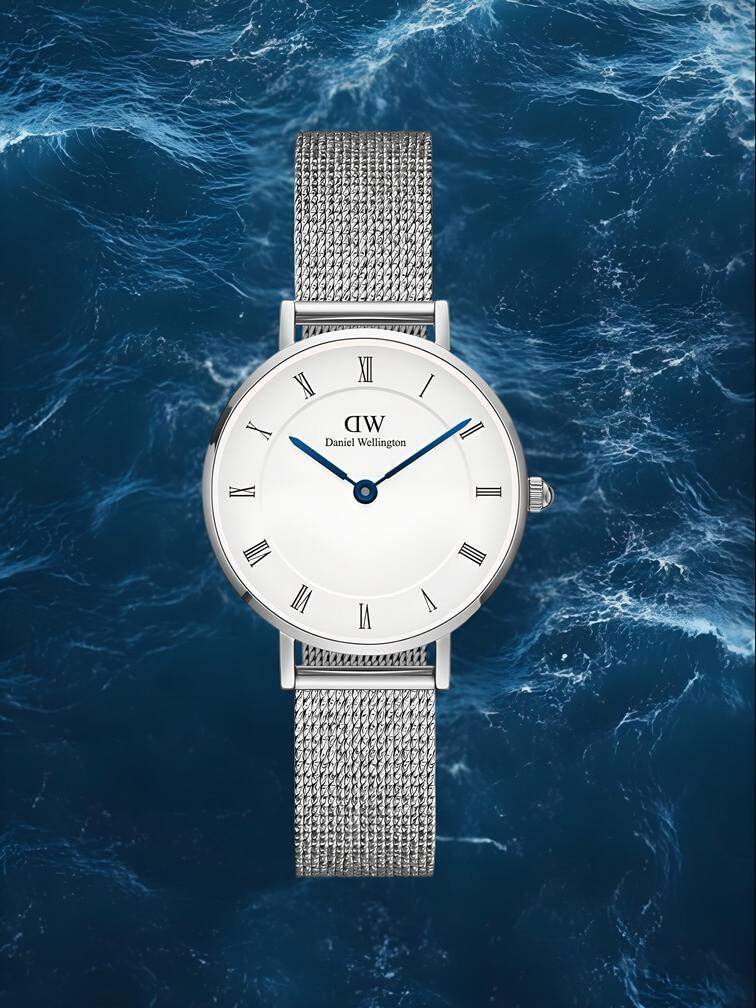 นาฬิกาหน้าปัดกลมเงินทั้งหมดและหน้าปัดสีขาว เรียบหรูและคลาสสิก