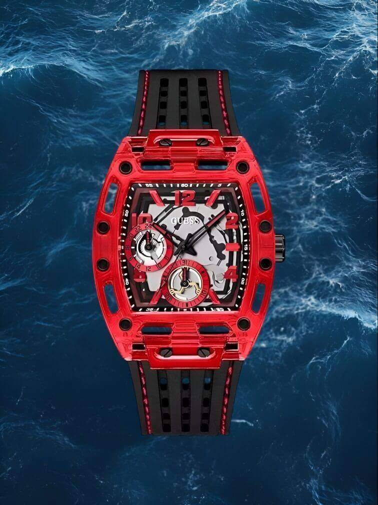 นาฬิกา PHOENIX สีดำทั้งหมด หน้าปัดเงิน ตัวเรือนแดง และฟังก์ชั่นโครโนกราฟ