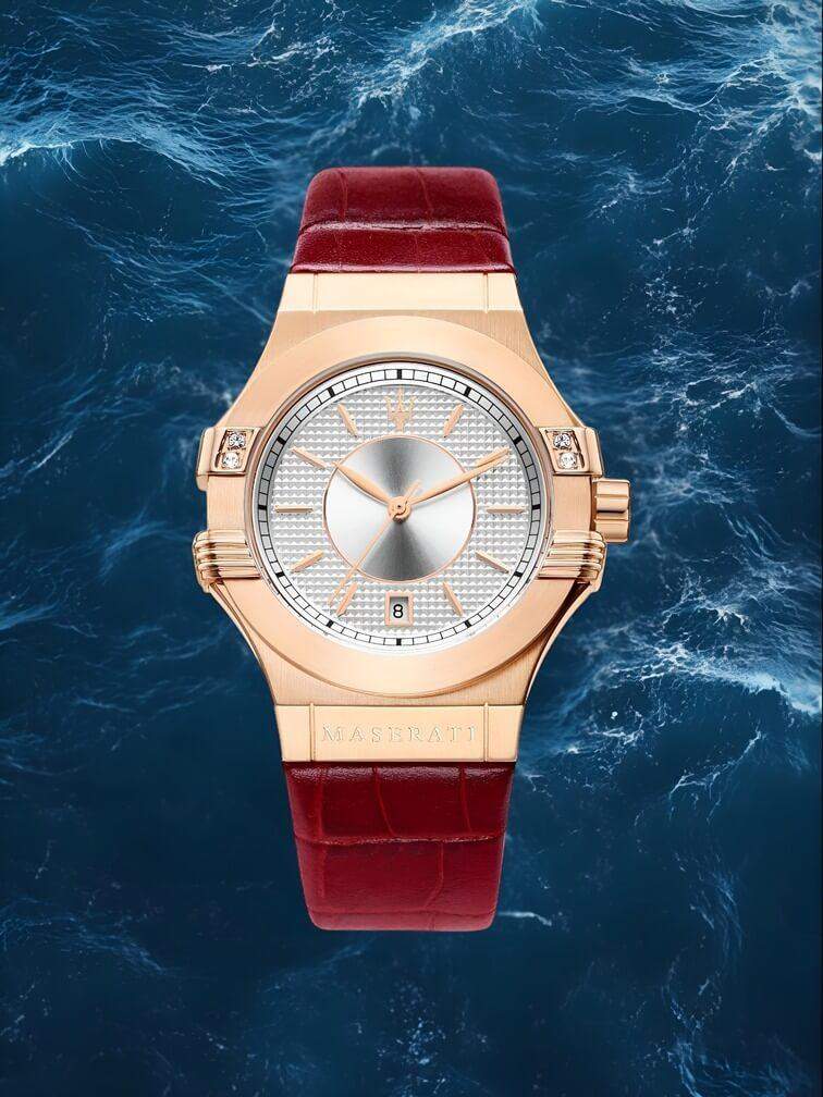 นาฬิกาสายหนังสีแดงตัวเรือนทองคำ ดีไซน์หรูหรา