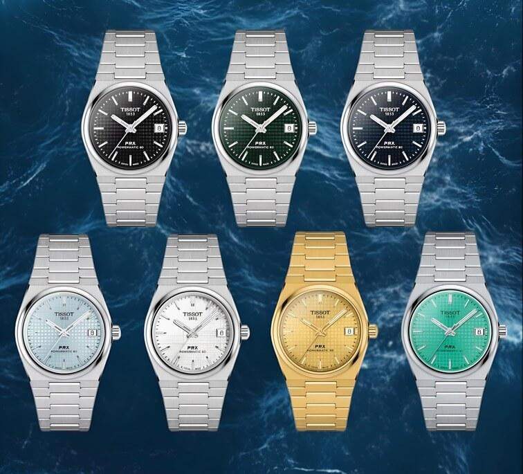 รุ่นต่างๆ ในสีสันที่หลากหลาย มีหน้าปัดสีสดใส เช่น สีน้ำเงิน สีเขียว และสีดำ พร้อมเข็มและหน้าจอแสดงวันที่ที่เข้ากัน ผสมผสานสไตล์กับฟังก์ชันการใช้งาน