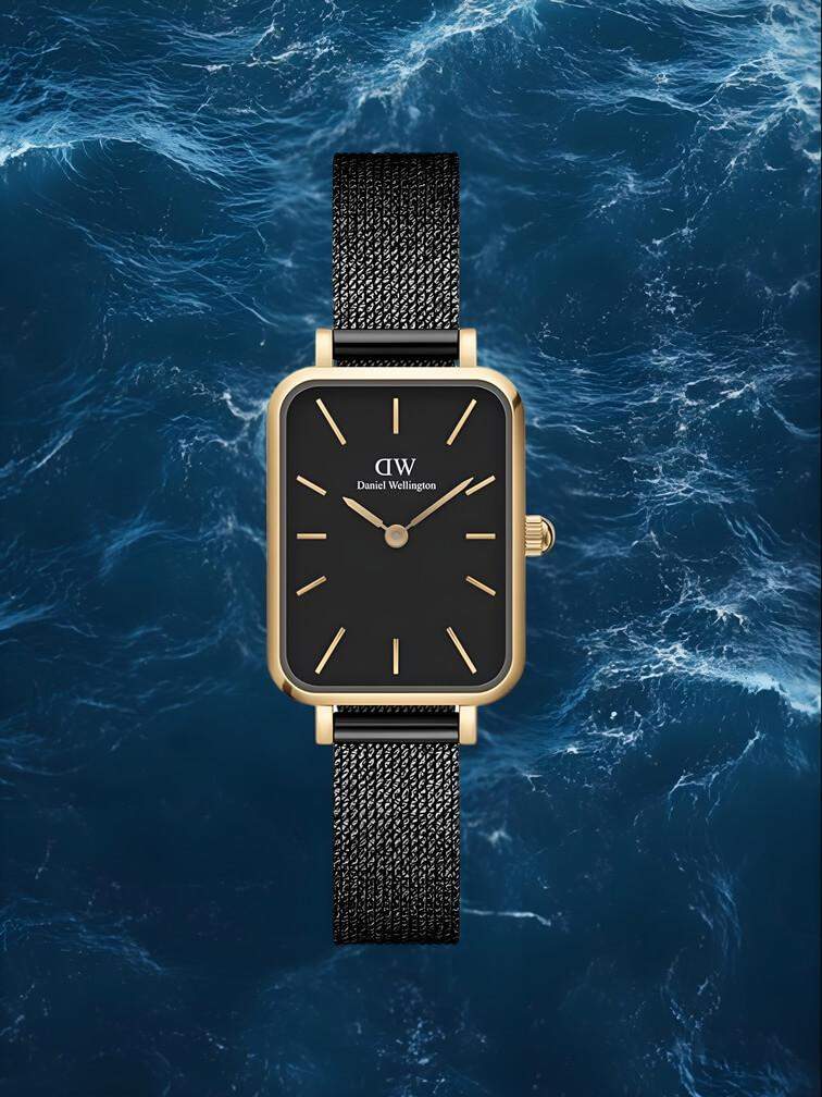 นาฬิกาหน้าปัดสี่เหลี่ยมทองคำทั้งหมดและหน้าปัดสีดำ หรูหราและทันสมัย