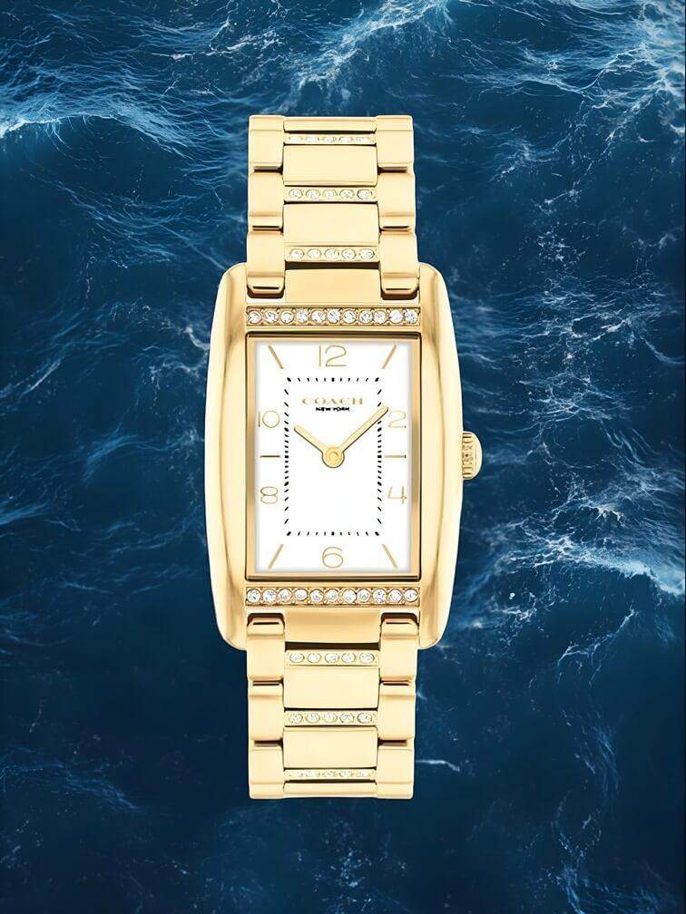 นาฬิกาทรงสี่เหลี่ยมสีทองล้วน หน้าปัดสีขาว ดีไซน์คลาสสิกหรูหรา