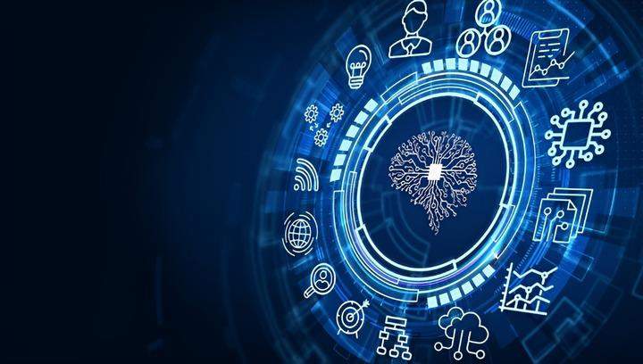 ภาพจำลองนวัตกรรมด้วยคอมพิวเตอร์บนพื้นหลังสีน้ำเงิน - แสดงแนวคิดเทคโนโลยีและความก้าวหน้าล้ำสมัย