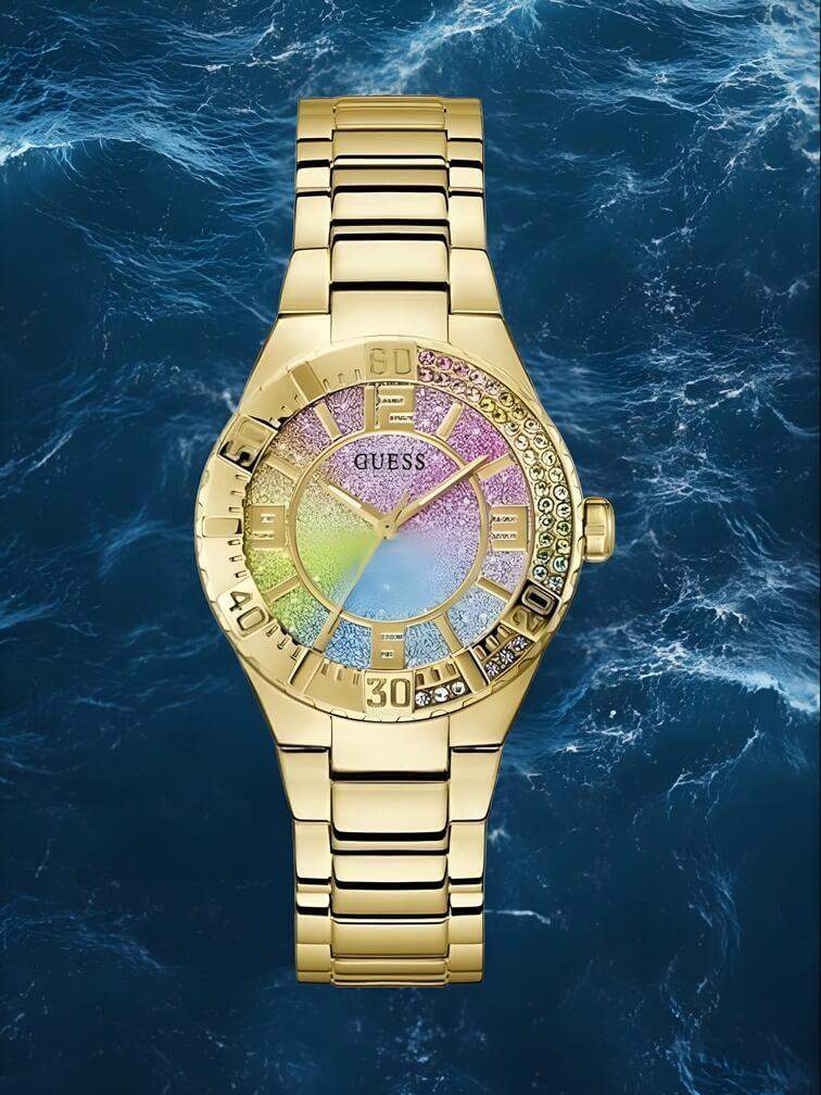 รุ่นสีทอง ดีไซน์หรูหรา ตัวเรือนและสายสแตนเลสสตีล หน้าปัดสีรุ้ง ขอบตัวเรือนประดับคริสตัล