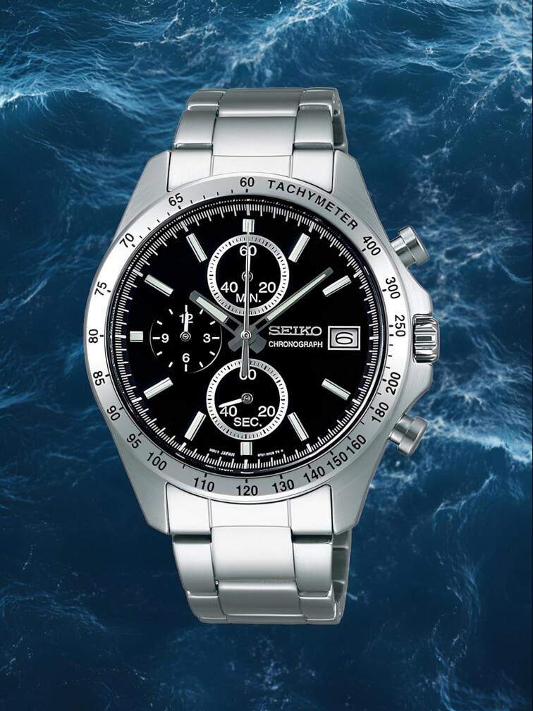 นาฬิกาโครโนกราฟสีเงินพร้อมหน้าปัดสีดำที่มีดีไซน์ทันสมัย ผสมผสานสไตล์และฟังก์ชันการใช้งานได้อย่างลงตัว