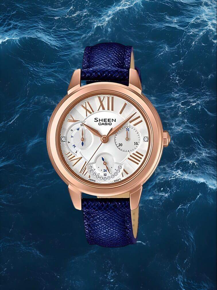 นาฬิกากรอบทอง หน้าปัดขาว สายหนังสีน้ำเงิน สไตล์หรูหราและทันสมัย