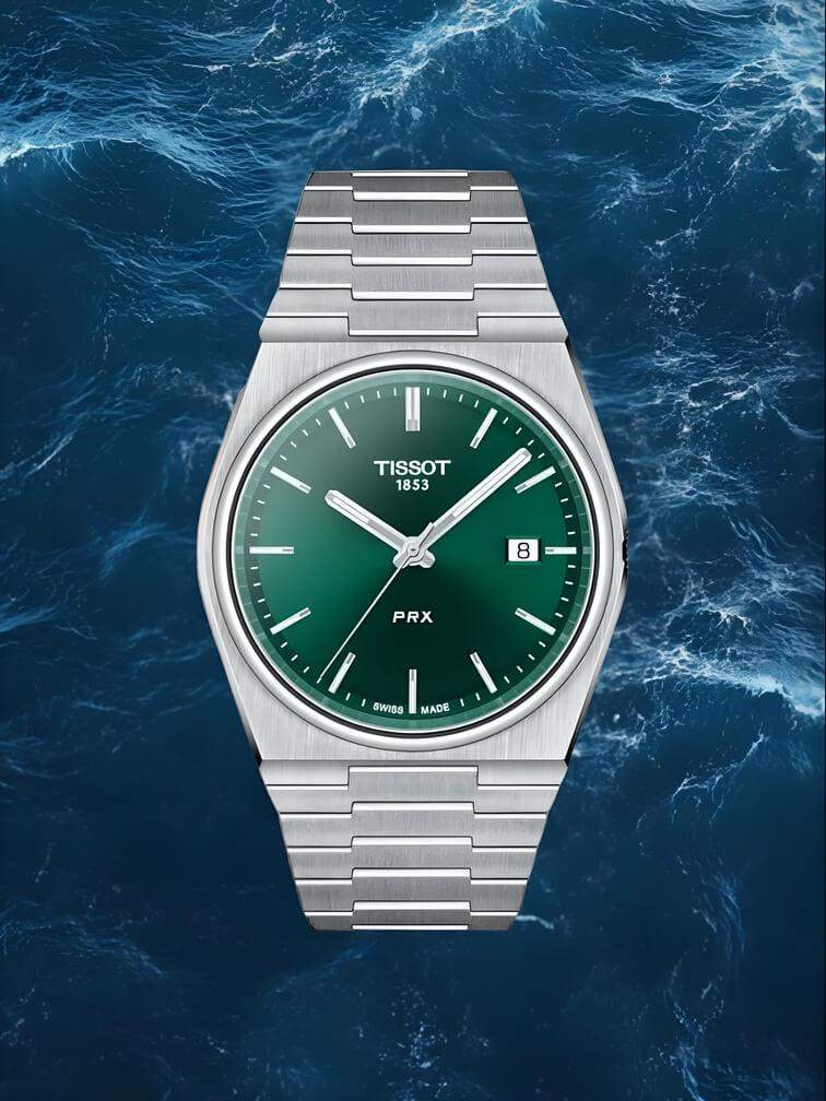 รุ่นสีเงินทั้งหมดพร้อมหน้าปัดสีเขียวเข้ม เข็มสีเงิน และหน้าจอแสดงวันที่ที่ตำแหน่ง 3 นาฬิกา โชว์ดีไซน์ที่ทันสมัยและสง่างาม