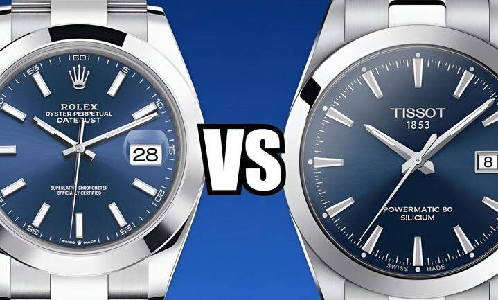 การเปรียบเทียบนาฬิกา PRX และ Rolex ข้างๆ กัน เน้นความแตกต่างที่สำคัญในด้านการออกแบบ งานฝีมือ และความหรูหรา แสดงให้เห็นว่าแต่ละแบรนด์มีสไตล์และเกียรติยศที่แตกต่างกัน