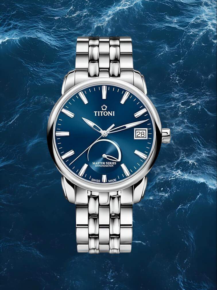 นาฬิกาโลหะสีเงินทั้งหมดที่มาพร้อมหน้าปัดสีน้ำเงินเข้มสุดหรู ดูทันสมัยและมีสไตล์