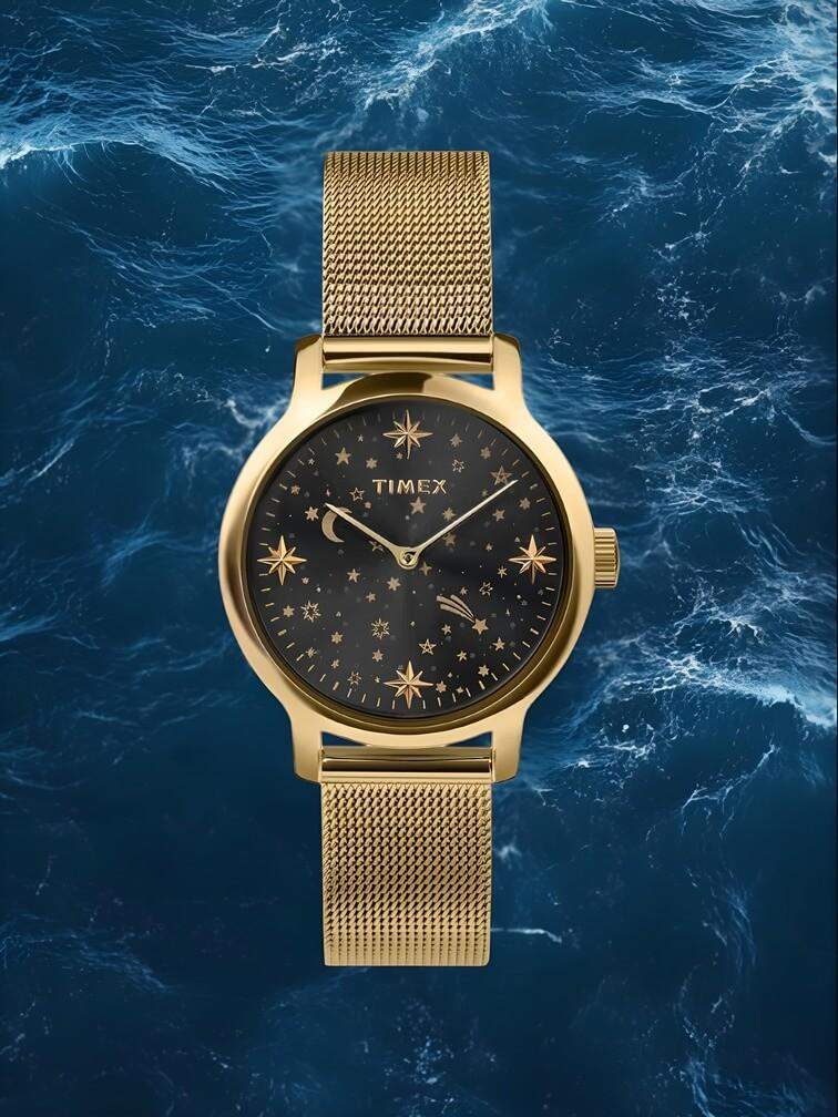 นาฬิกาทองคำสวยงาม หน้าปัดสีดำตัดกับสายทอง สะท้อนความหรูหราและความคลาสสิก