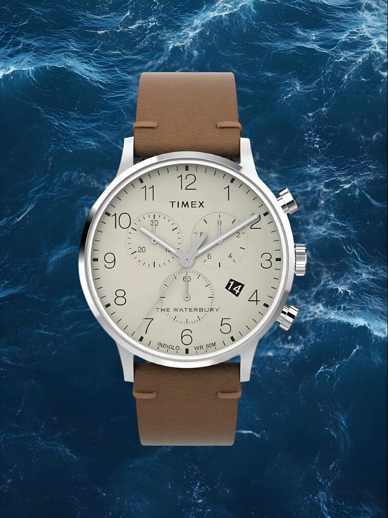 นาฬิกาเคสเงิน สายหนังสีน้ำตาล หน้าปัดสีขาว ดีไซน์เรียบหรู