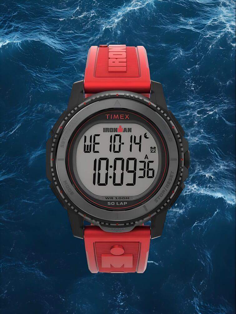 นาฬิกาสปอร์ตตัวเรือนสีดำและสายสีแดง ดีไซน์ทันสมัยและทนทาน เหมาะสำหรับการใช้งานในทุกกิจกรรม