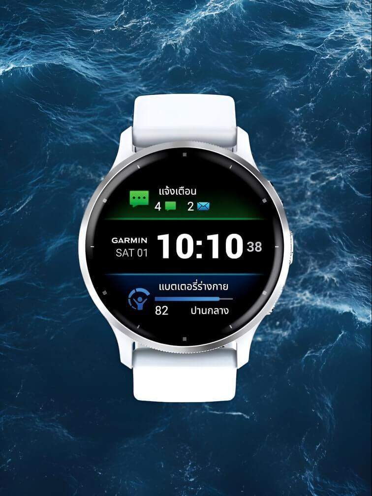 นาฬิกา Garmin หน้าจอสีดำขนาดใหญ่พร้อมฟังก์ชันพื้นฐานบนสายซิลิโคนสีเทา