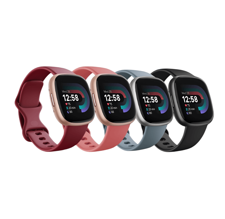 4 รุ่น สีม่วง, สีชมพู, สีเทา และสีดำ แสดงตัวเรือนและสายทันสมัย