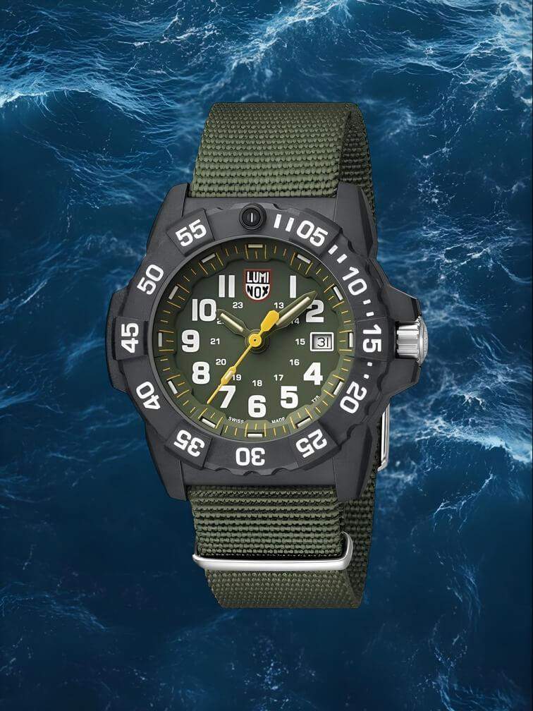 นาฬิกาทั้งหมดสีเขียวบนสายไนลอนพร้อมขอบสีดำ - ดีไซน์สไตล์ทหารที่ทนทานและพร้อมใช้งานในทุกสถานการณ์